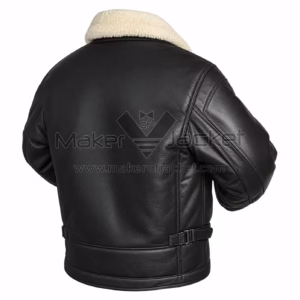 Back View Of Black ANJ-4 Sheepskin Jacket Featuring Rib knit with open hem cuffs with buckle on both sides.