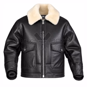 Front View of Black ANJ-4 Sheepskin Jacket Featuring Fur collar and zipper closure with snap flap pockets.