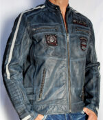 Black Premium Velocity  Men's Leather Biker Jacket New Blue - Image 4