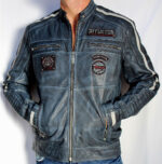 Black Premium Velocity  Men's Leather Biker Jacket New Blue