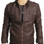 Brown leather jacket with collar belt