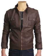 Brown leather jacket with collar belt