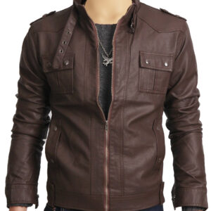 Brown leather jacket with collar belt