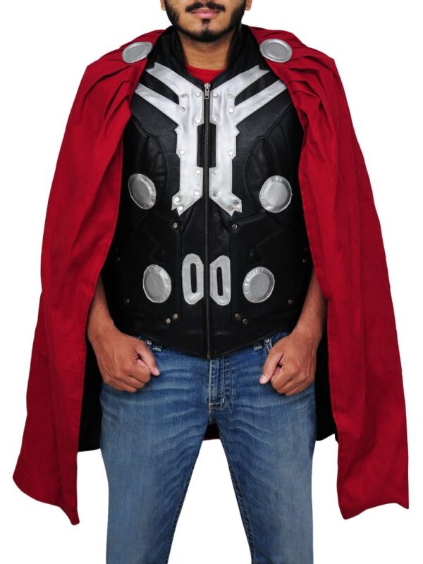 Chris Hemsworth wearing Thor Ragnarok battle vest with red cape