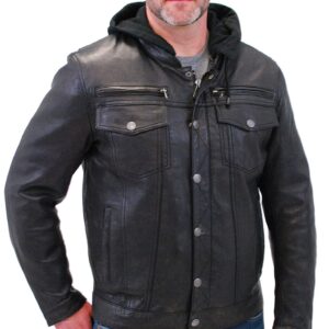 Men's Vintage Black Hooded Leather Jean Jacket