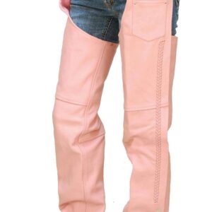 A person models Pink Leather Womens Chaps over blue denim shorts with black boots, highlighting a bare midriff and visible tattoos at the waistband.