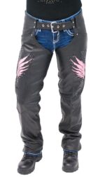 Pink Wings Leather Chaps for Women Pant Pockets Front