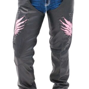 Pink Wings Leather Chaps for Women Pant Pockets Front