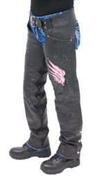 Pink Wings Leather Chaps for Women Pant Pockets Left side