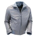 Premium Gray Leather Bomber Jacket front view featuring sleek leather finish, rib-knitted zip-up collar, YKK zipper closure, and four front handwarmer pockets.
