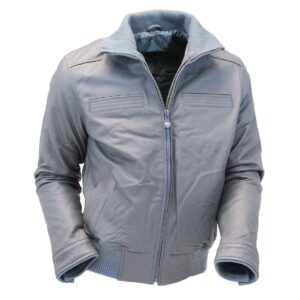 Premium Gray Leather Bomber Jacket front view featuring sleek leather finish, rib-knitted zip-up collar, YKK zipper closure, and four front handwarmer pockets.