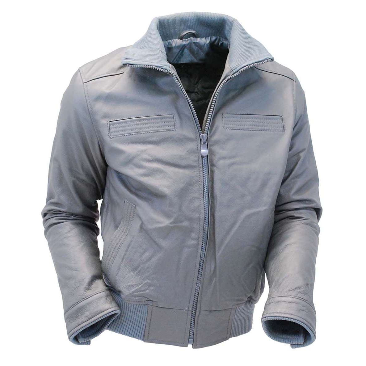 Premium-Gray-Leather-Bomber-Jacket-with-Knit-Collar-1 Premium Gray Leather Bomber Jacket front view featuring sleek leather finish, rib-knitted zip-up collar, YKK zipper closure, and four front handwarmer pockets.