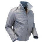Premium Gray Leather Bomber Jacket right side view showing structured leather design, ribbed cuffs with snap closure, and smooth tailored fit.