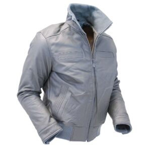 Premium Gray Leather Bomber Jacket right side view showing structured leather design, ribbed cuffs with snap closure, and smooth tailored fit.