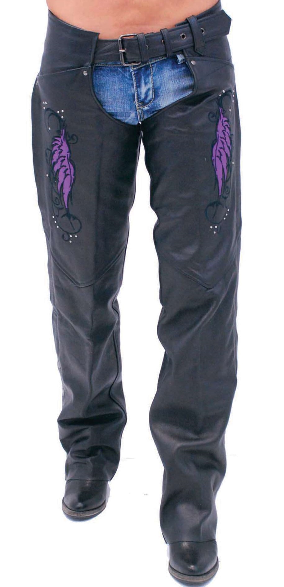 Purple Wings Leather Chaps for Women Pant Pockets Front Purple Wings Leather Chaps for Women Pant Pockets Front