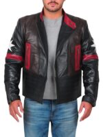 STAR PATCH BIKER LEATHER JACKET - Image 6