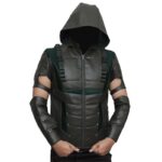 Front View Of Green Arrow Season 4 Vest Featuring in black and green with YKK zipper closure.