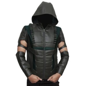 Front View Of Green Arrow Season 4 Vest Featuring in black and green with YKK zipper closure.