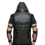 Back View Of Green Arrow Season 4 Vest Featuring black and green hooded leather vest inspired by Oliver Queen