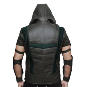 Back View Of Green Arrow Season 4 Vest Featuring black and green hooded leather vest inspired by Oliver Queen