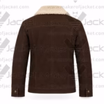 Back view of The Walking Dead Rick Grimes brown suede jacket showcasing the white sherpa collar, classic back yoke stitching, and vertical panels.