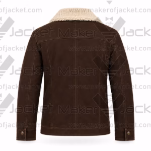 Back view of The Walking Dead Rick Grimes brown suede jacket showcasing the white sherpa collar, classic back yoke stitching, and vertical panels.