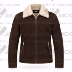 Front view of The Walking Dead Rick Grimes brown suede jacket featuring a thick white sherpa collar, center zipper, and zippered side pockets.