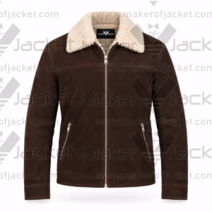 Front view of The Walking Dead Rick Grimes brown suede jacket featuring a thick white sherpa collar, center zipper, and zippered side pockets.