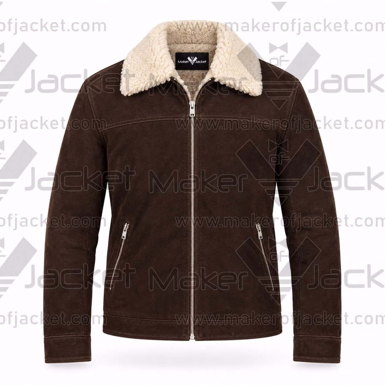 The Walking Dead Rick Grimes Brown Suede Jacket (Front) Front view of The Walking Dead Rick Grimes brown suede jacket featuring a thick white sherpa collar, center zipper, and zippered side pockets.