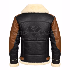 Back View Of Two Tone B3 Bomber Jacket Featuring open hem With Trim Fur cuffs with buckle on both sides.