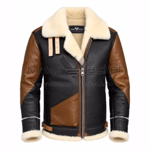 Front View of Two Tone B3 Bomber Jacket Featuring Fur collar and Lapel collar with zipper closure with one flap pocket.