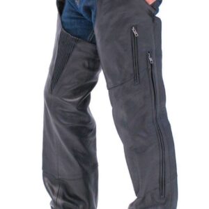 Vented leather chaps featuring stretch thigh and pockets