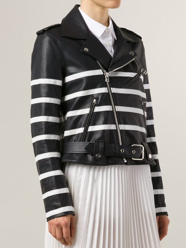 WOMEN STRIPED MOTORCYCLE LEATHER JACKET - Image 2