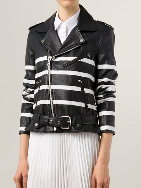 WOMEN STRIPED MOTORCYCLE LEATHER JACKET - Image 4