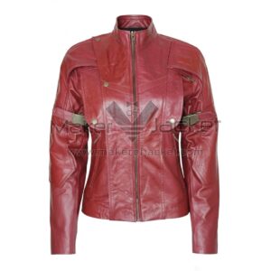 Front View Of Galaxy Star Lord Maroon Jacket Featuring zip-up collar and buckle sleeve straps.