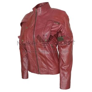 Left Side View Of Galaxy Star Lord Maroon Jacket Featuring arm buckle details.