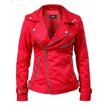 Front View Of Riverdale Southside Serpents Red Jacket Featuring asymmetrical zipper closure and notch lapel collar.