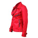 Left Side View Riverdale Southside Serpents Red Jacket Featuring belted cuffs and side buckle details.