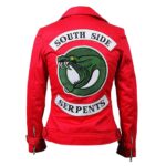 Back View Of Riverdale Southside Serpents Red Jacket Featuring SOUTH SIDE SERPENTS text and snake patch design.