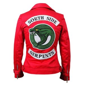 Back View Of Riverdale Southside Serpents Red Jacket Featuring SOUTH SIDE SERPENTS text and snake patch design.