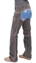 Women's Studded Trim Vintage Brown Chaps Pant Pockets Back