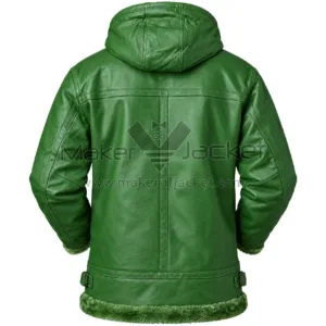 Green Leather Fur Hooded Coat