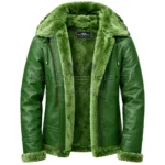 Green Leather Fur Hooded Coat