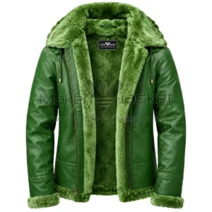 Green Leather Fur Hooded Coat