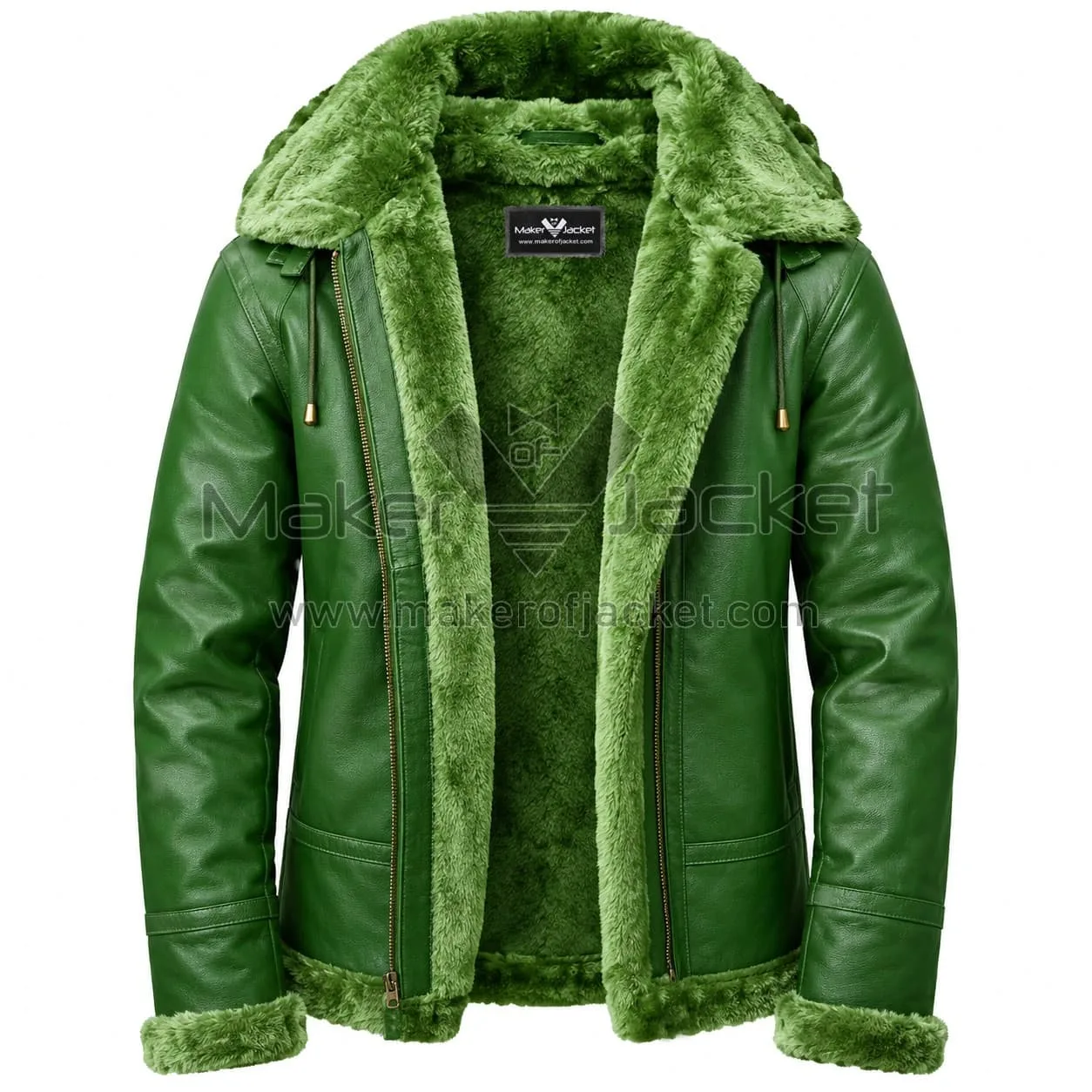 Green-Leather-Fur-Hooded-Coat-Front-Image Green Leather Fur Hooded Coat