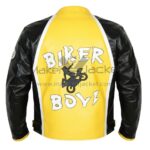 Biker Boyz Derek Luke yellow motorcycle jacket back view featuring bold BIKER BOYZ patch logo and protective leather design in black, yellow, and white colors