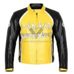 Biker Boyz Derek Luke yellow motorcycle jacket front view in black, yellow, and white leather with BIKER BOYZ branding, snap collar, and front zipper pockets