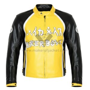 Biker Boyz Derek Luke yellow motorcycle jacket front view in black, yellow, and white leather with BIKER BOYZ branding, snap collar, and front zipper pockets