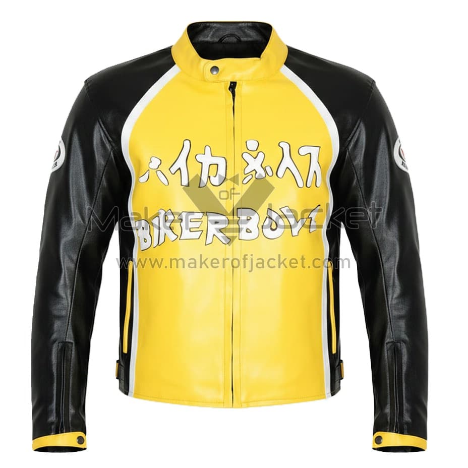 Biker-Boyz-Derek-Luke-Yellow-Motorcycle-Jacket-Front Biker Boyz Derek Luke yellow motorcycle jacket front view in black, yellow, and white leather with BIKER BOYZ branding, snap collar, and front zipper pockets