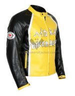 Biker Boyz Derek Luke motorcycle jacket right side view showing leather construction, zippered cuff, side buckles, and black yellow white color design